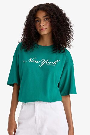 Regular Fit Bisiklet Yaka Slogan Baskılı Penye Kısa Kollu Tişört