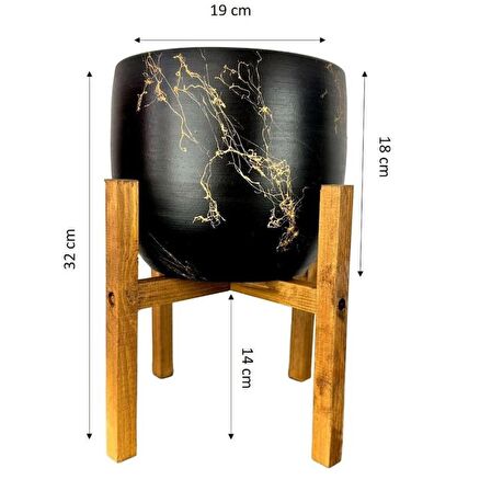 Ev Dekorasyon Aksesuar Siyah Üzeri Gold Mermer Efektli Toprak Saksı Saksılık Salon Çiçeklik 4 Ayaklı - 19 CM