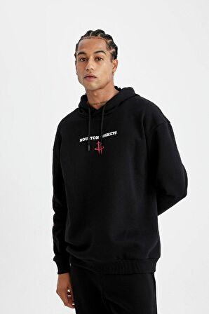 DeFactoFit NBA Houston Rockets Comfort Fit Kapüşonlu Sırt Baskılı Kalın Sweatshirt C9276AX24AUBK81