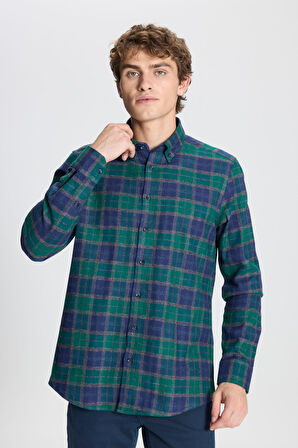 Slim Fit Dar Kesim Düğmeli Yaka %100 Pamuk Ekose Desenli Flanel Oduncu Gömlek