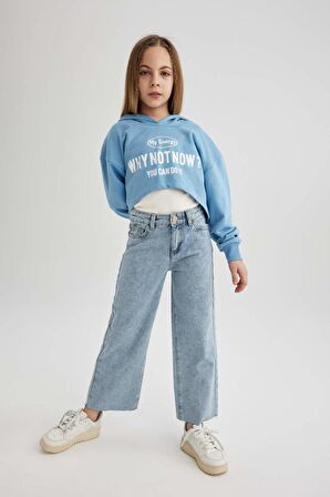 DeFacto Kız Çocuk Oversize Fit Baskılı Kapüşonlu Crop Sweatshirt C0483A824SPBE281