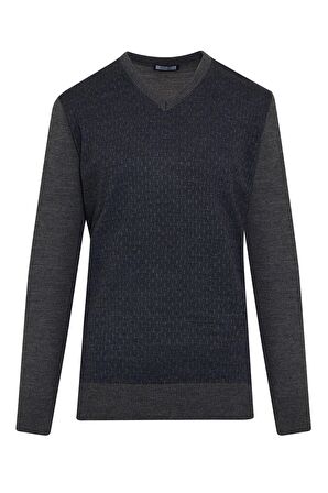 Gri Desenli V Yaka Yünlü Triko Kazak | S