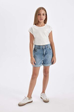 DeFacto Kız Çocuk Slim Fit Dar Kesim Bisiklet Yaka Fitilli Kaşkorse Kısa Kollu Tişört C5467A824SMPN74