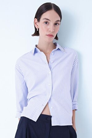 DeFacto Oversize Geniş Kalıp Çizgili Düğmeli Oxford Uzun Kollu Gömlek D4513AX24AUBE503
