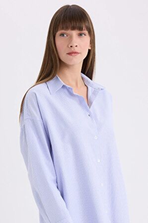Oversize Geniş Kalıp Çizgili Oxford Uzun Kollu Gömlek