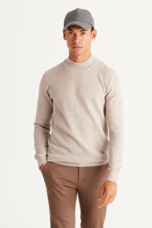 Erkek Bej Melanj Recycle Standart Fit Yarım Balıkçı Yaka Pamuklu Desenli Triko Kazak