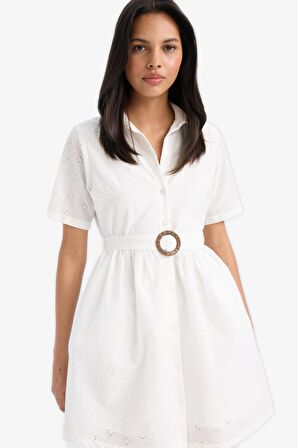 DeFacto Gömlek Yaka Kemerli Brode Kısa Kollu Mini Elbise F1156AX25SPWT32