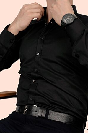 Gömlek Kravat Seti ( sunda Siyah Baklava Desenli Kravat & Siyah Armür Slimfit Gömlek)