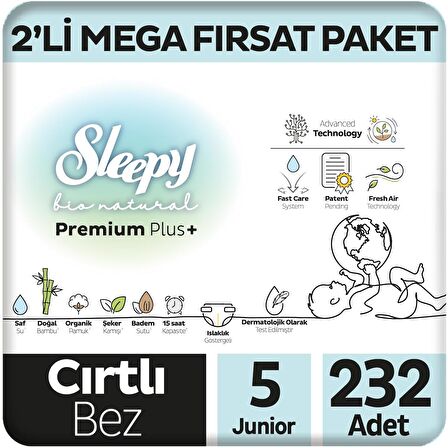 Sleepy Bio Natural Premium Plus 2'li Mega Fırsat Paketi Bebek Bezi 5 Numara Junior 232 Adet