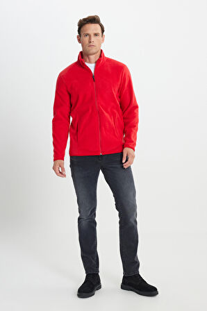 Erkek Kırmızı Anti-pilling Tüylenme Yapmayan Standart Fit Bato Yaka Sweatshirt Polar Ceket