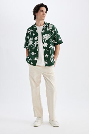 DeFacto Relax Fit Yazlık Apaş Yaka Hawaii Baskılı Viskon Kısa Kollu Gömlek C7699AX24SMGN245