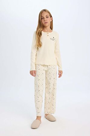 Kız Çocuk Regular Fit Fitilli Kaşkorse Baskılı Uzun Kollu Pijama Takımı