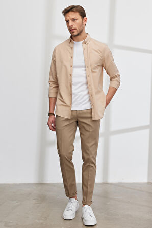 Erkek Bej Slim Fit Dar Kesim Yan Cepli Pamuklu Esnek Armürlü Pantolon