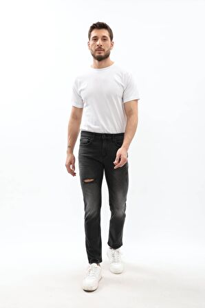 Erkek Slim Fit Yırtık Detay Antrasit Jean Pantolon