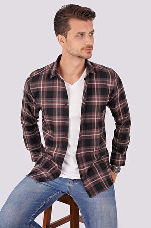 Bordo Beyaz Çizgili Slimfit Oduncu Gömlek