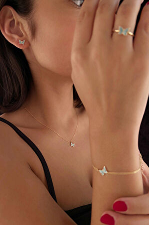 14 Ayar Altın Mavi Mineli Kelebek Set