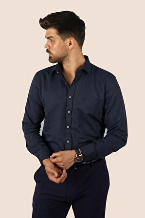 Lacivert Baklava Desen Slimfit Erkek Gömlek