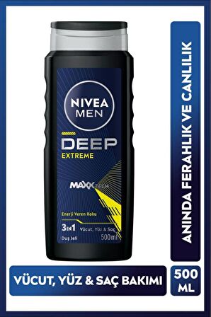 Nivea Men Erkek Deep Extreme Duş Jeli 500ml, 3'ü 1 Arada Komple Bakım, Vücut Saç Ve Yüz, Enerji Veren Koku