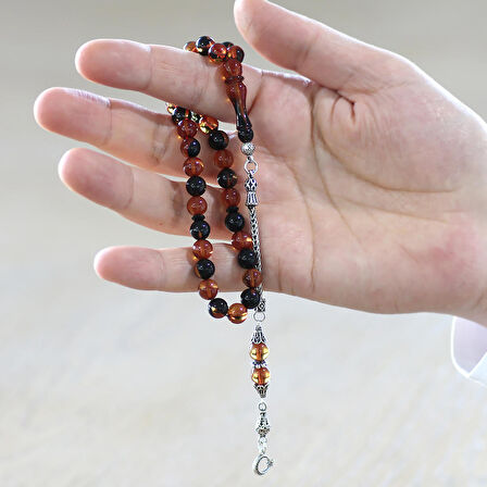 925 Ayar Gümüş Ay Yıldız Püsküllü Küre Kesim Sarı-Siyah Ateş Kehribar Tesbih