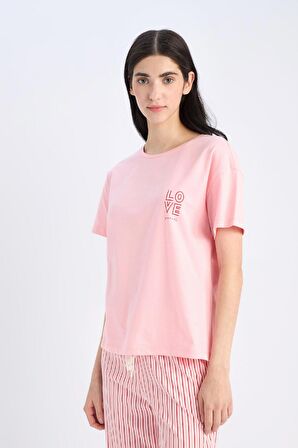 DeFacto Pijama Takımı Kısa Kollu Üst Esnek Belli Uzun Altı-Fall in Love E0857AX25SPPN149