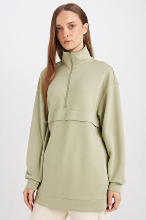 DeFacto Yarım Fermuarlı Dik Yaka Basic Düz Sweatshirt Tunik D1615AX24AUGN497