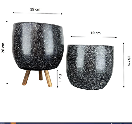 Ev Dekorasyon Aksesuar Siyah Granit Toprak Saksı Saksılık Salon Çiçeklik İkili Set Ayaksız - 3 Ayaklı- 19 CM