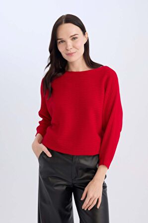 Kırmızı Kayık Yaka Yarasa Kol Basic Düz Triko Kazak
