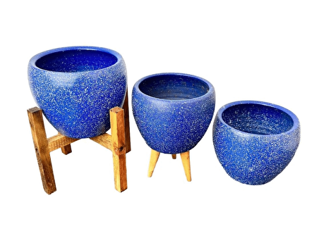 Ev Dekorasyon Lacivert Granit Toprak Saksı Saksılık Salon Çiçeklik Üçlü Set - 15 CM