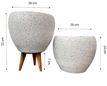 Ev Dekorasyon Beyaz Granit Toprak Saksı Saksılık Salon Çiçeklik İkili Set Ayaksız - 3 Ayaklı- 15 CM