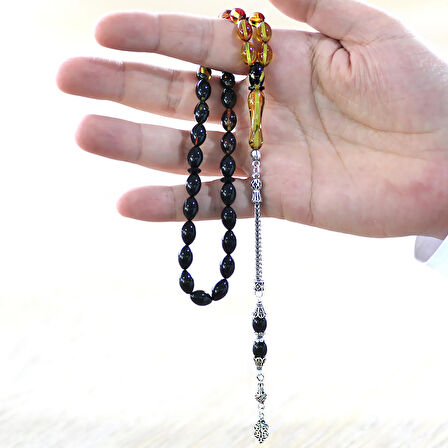 925 Ayar Gümüş Püsküllü Arpa Kesim Süzme Bala-Siyah Ateş Kehribar Tesbih