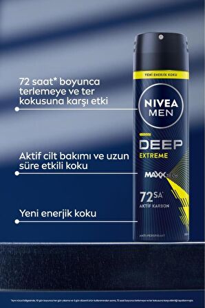 Nivea Men Erkek Sprey Deodorant Deep Extreme 150ml, 72 Saat Anti-perspirant Ter Koruma, Yeni Enerjik