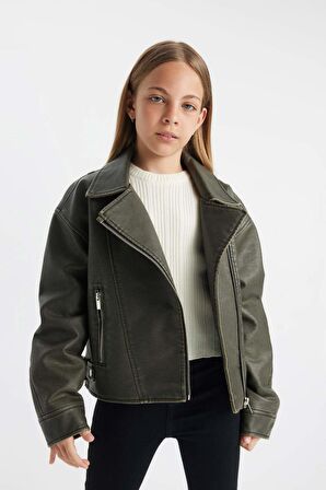 DeFacto Kız Çocuk Su İtici Ceket Yaka Fermuarlı Rüzgar Geçirmez Suni Deri Mont C4977A824AUBN303