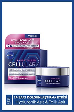 Nivea Cellular Expert Filler Yoğun Yaşlanma Karşıtı Gece Yüz Bakım Kremi 50ml, Hyaluronik Asit, Folik Asit