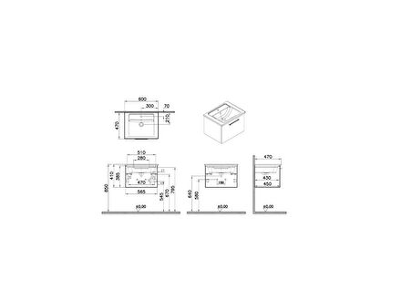 VitrA Root 66414  Lavabo Dolabı, Tek Çekmeceli, 60 cm, Parlak Beyaz, Köşeli Lavabolu