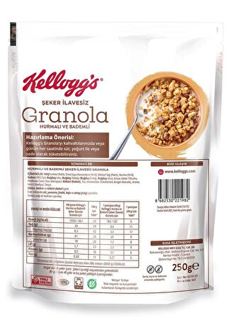 KELLOGG'S ŞEKER İLAVESİZ GRANOLA HURMALI VE BADEMLİ 250 GRAM x 3 ADET,