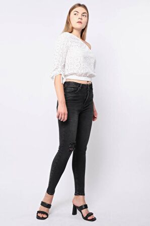 Kadın Antrasit Dizi Yırtık Süper Skinny Fit Jean Pantolon