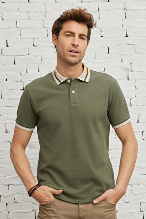 Erkek Haki Slim Fit Dar Kesim %100 Pamuk Kıvrılmaz Polo Yaka Tişört