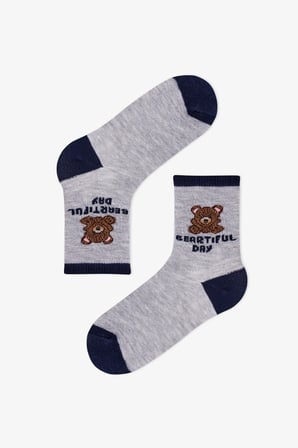 Erkek Çocuk Koyu Mavi Navy Teddy Ayı Desenli Pamuklu 4 Çift Soket Çorap