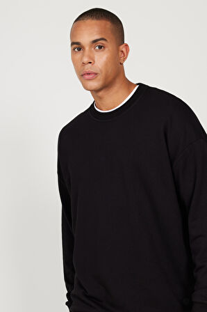 Erkek Siyah Oversize Bol Kesim 3 Iplik Bisiklet Yaka Pamuklu Sweatshirt