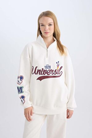 DeFacto Coool Disney Mickey & Minnie Oversize Fit Yarım Fermuarlı Baskılı Kalın Kumaş Sweatshirt D5958AX24WNWT32