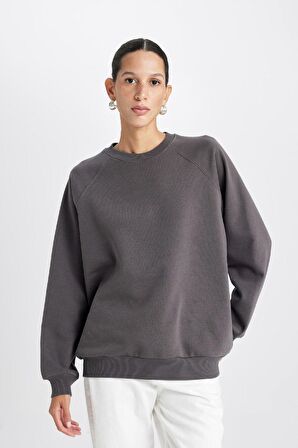 DeFacto Oversize Geniş Kalıp Bisiklet Yaka Kalın Basic Düz Sweatshirt V2697AZ24WNAR15