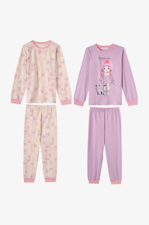 Kız Çocuk Lila Starlit Friends Pamuklu Uzun Kollu 2'li Pijama Takımı