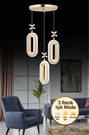 Litra Lighting Led Alfa 3'li Gold 3 Renk Ledli Kristal Taşlı Modern Led Avize