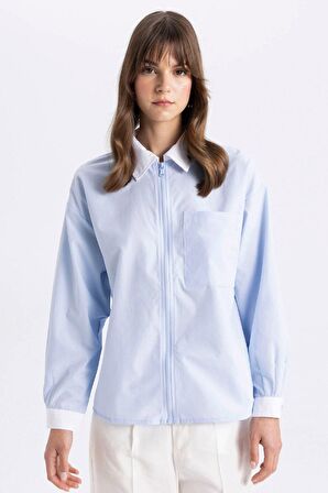 DeFacto Relax Fit Fermuarlı Poplin Uzun Kollu Tesettür Gömlek Tunik C7826AX24SMBE745