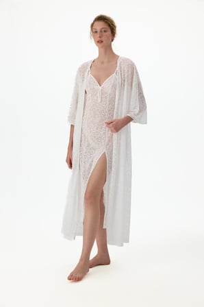 Kırık Beyaz Bridal Delicate Dantelli Uzun Kollu Sabahlık