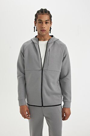 DeFactoFit Slim Fit Dar Kesim Kapüşonlu Skuba Dalgıç Kumaş Fermuarlı Sporcu Sweatshirt A6956AX24AUGR490
