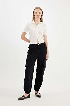 DeFacto Coool Jogger Gabardin Pantolon Normal Bel Basic Düz Kargo Cepli B0454AX24AUBK27