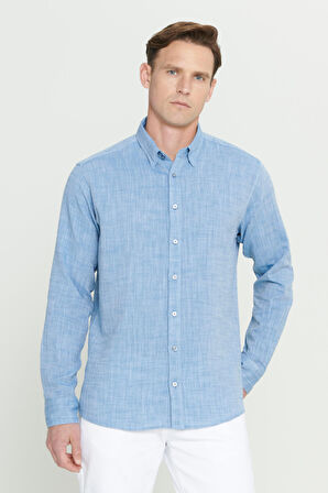 Comfort Fit Rahat Kesim %100 Pamuk Gizli Düğme Yaka Desenli Gömlek