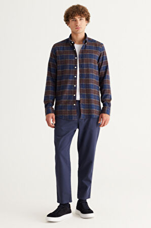 Slim Fit Dar Kesim Düğmeli Yaka %100 Pamuk Ekose Desenli Flanel Oduncu Gömlek