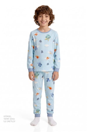 Erkek Çocuk Mavi Mini Dragon Riders Pamuklu Uzun Kollu 2'li Pijama Takımı
